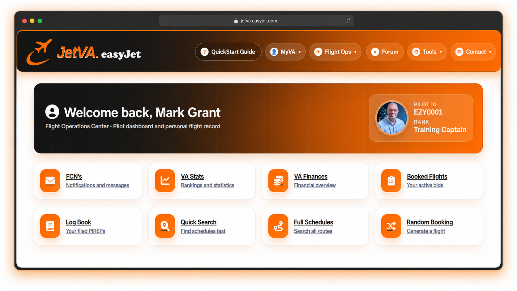 easyJet virtual airline orange JetVA pilot dashboard layout