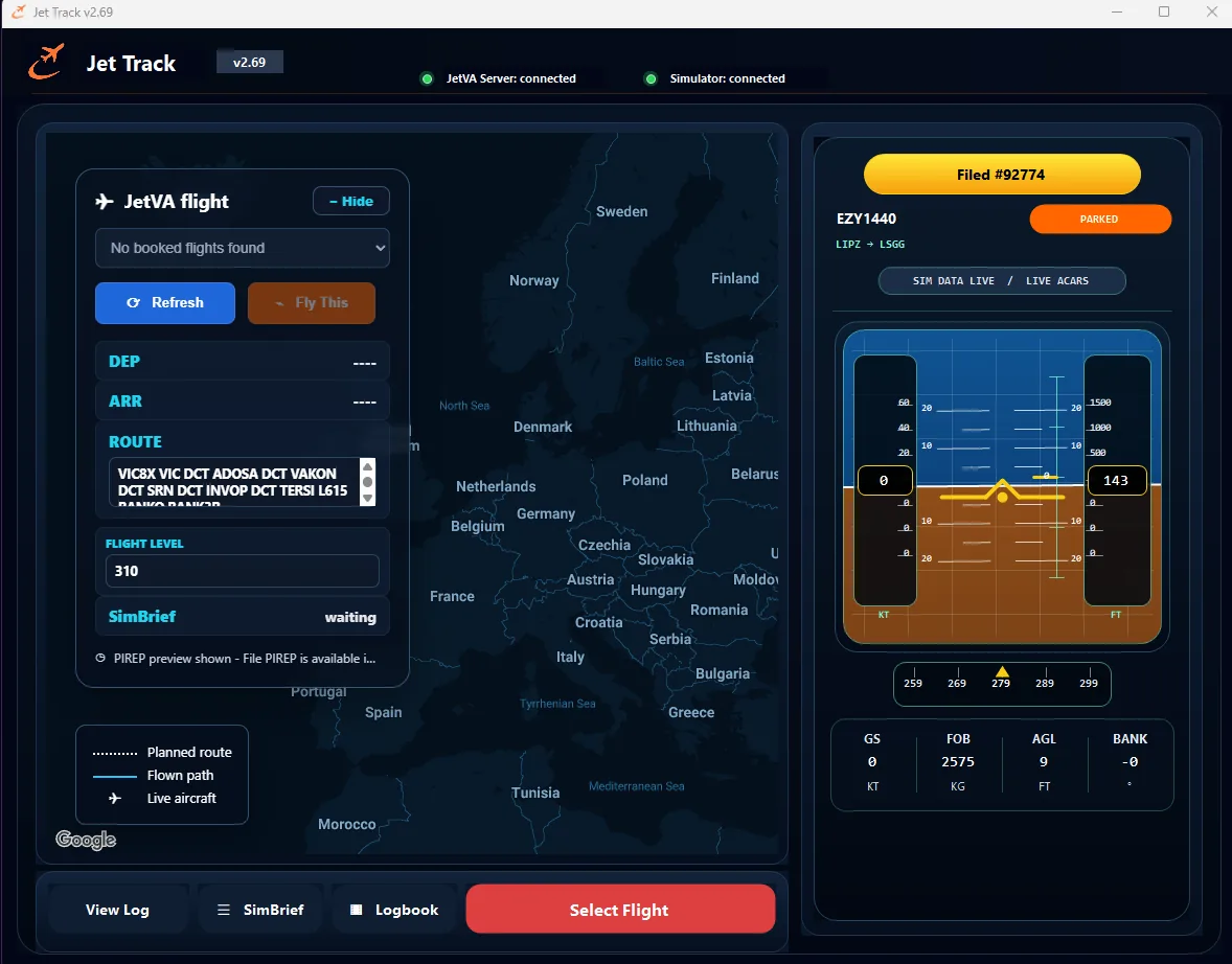 Jet Track flight tracking client for Microsoft Flight Simulator virtual airline flights